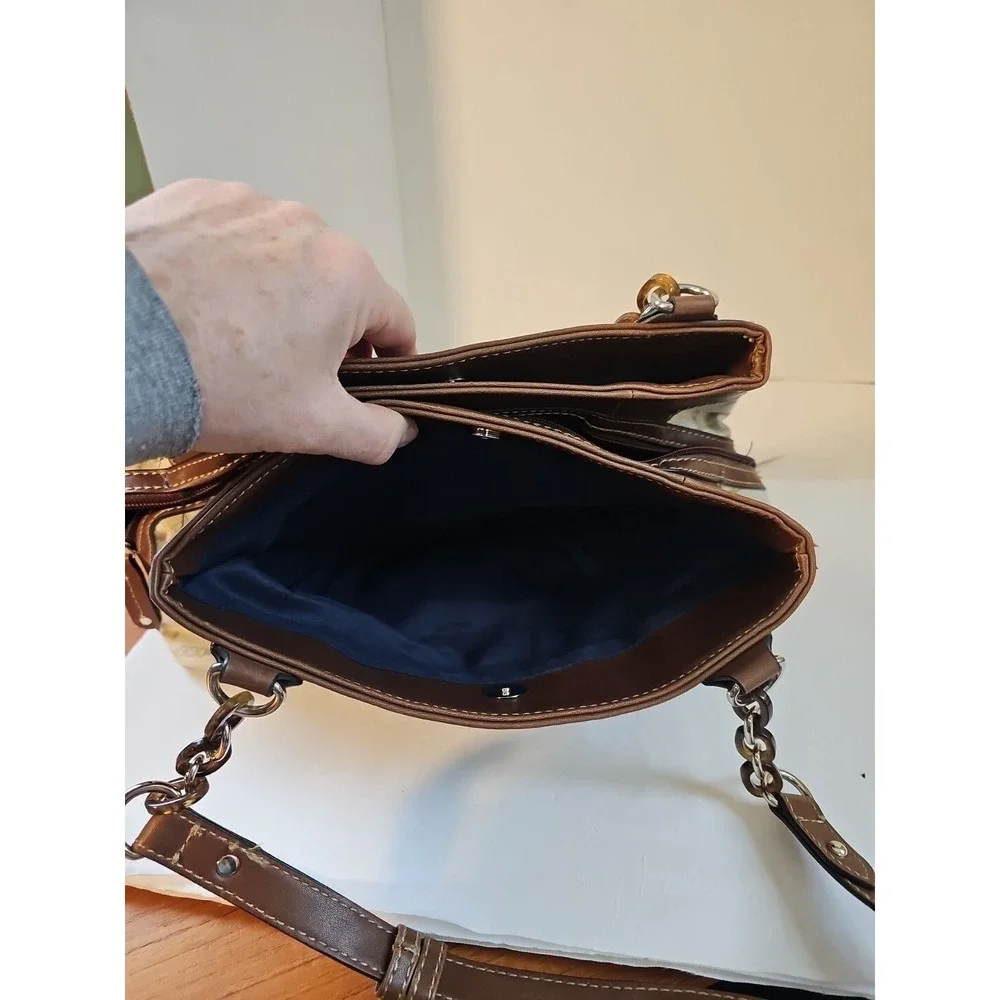 CHAPS Satchel Purse Beige Jacquard - 3 Compartments Zip